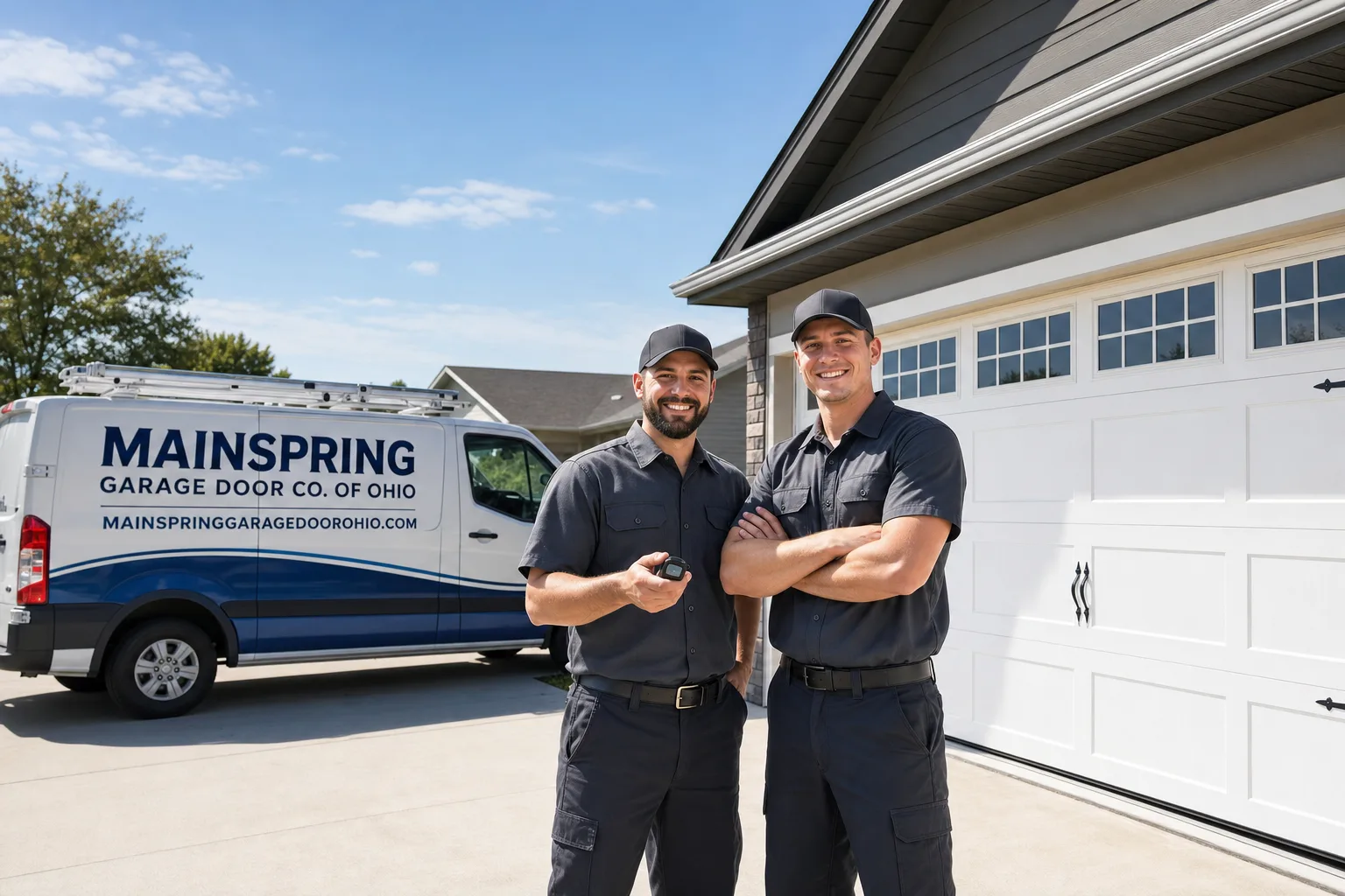 Mainspring Garage Door Co. of Ohio garage door service vehicle and crew in Cleveland, OH